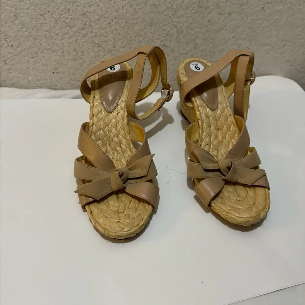 Alexandre Birman Nude Suelita Raffia Leather Wedge - size 38.5 VGUC